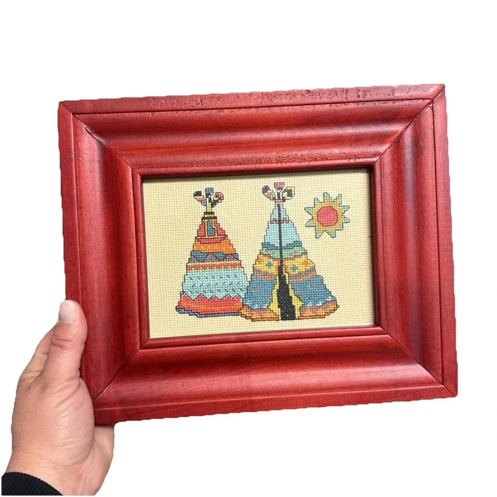 Vintage Teepee Native American Indian Cross Stitch Picture 11.25